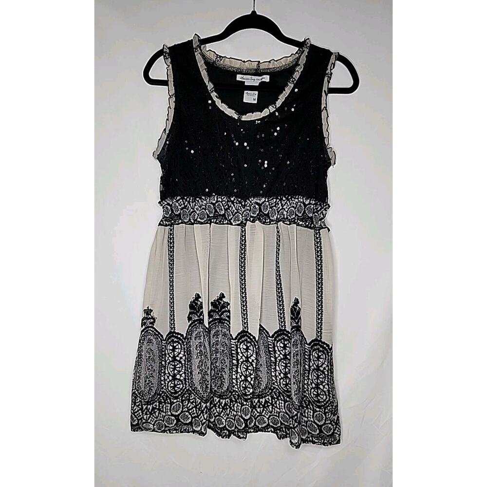 American Rag Junior Sequin Lace Dress Size Medium Black & Beige Embellished